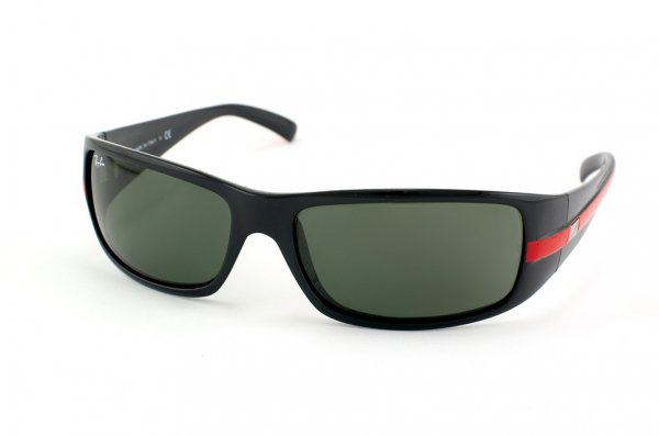   Ray-Ban Highstreet RB4057-745 Shny Black / Red Insert | Natural Green (G-15 XLT)