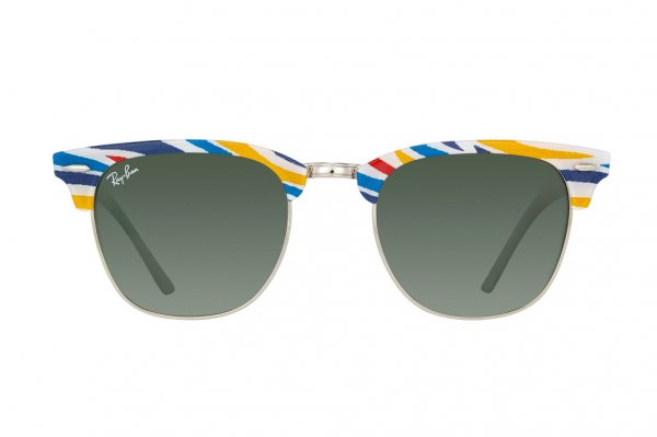   Ray-Ban Clubmaster RB3016-1013 Blue-Red-Yellow-Azure Striped/White/Natural Green (G-15XLT)