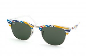 Очки Ray-Ban Clubmaster RB3016-1013 Blue-Red-Yellow-Azure Striped/White/Natural Green (G-15XLT)